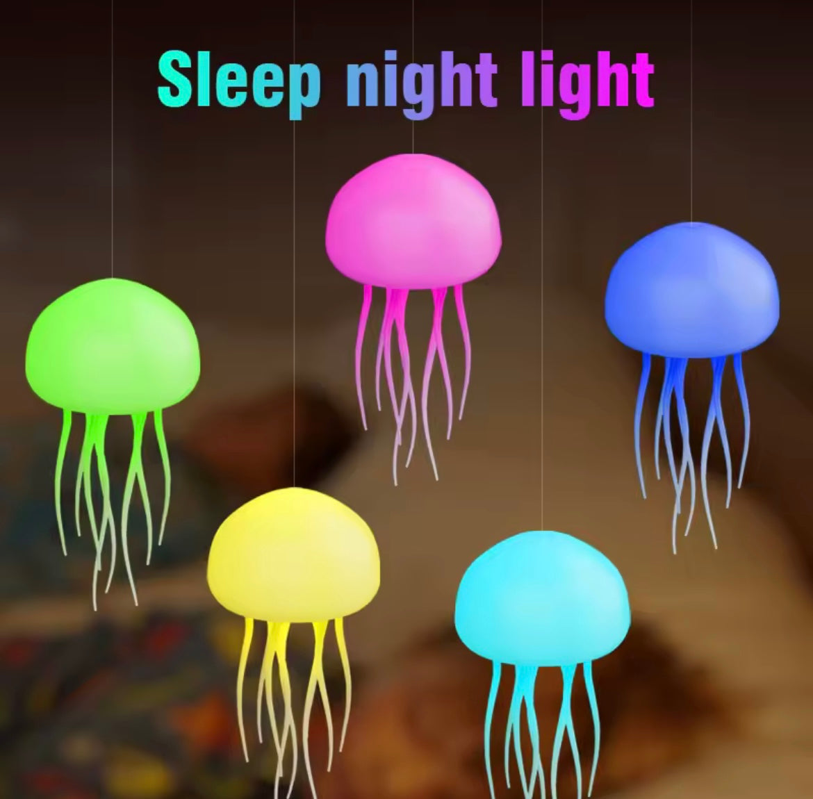 Méduse dessin animé LED Nihgt lumière commande vocale dégradé mignon rotatif méduse suspension lampe de chevet RGB lampes de Table décor de chambre
