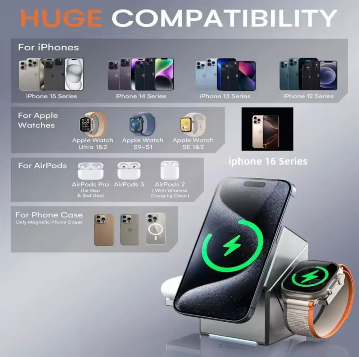 Chargeur sans fil magnétique Magsafe à Autorotation tactile Qi2 3 en 1, 15W, pour Android iPhone iWatch Airpods, Station de charge rapide