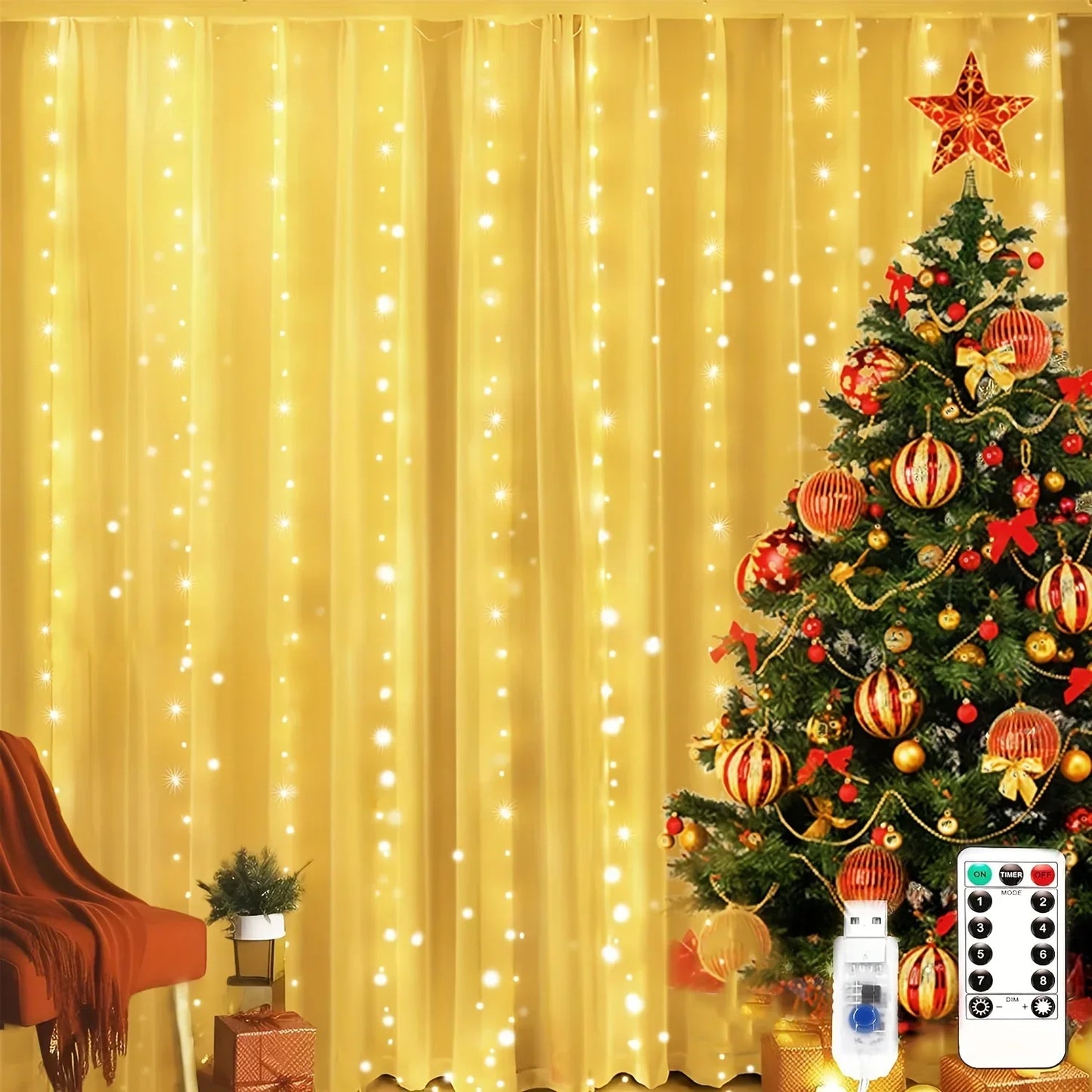 Guirlande lumineuse LED rideau avec télécommande USB – 3/4/6 mètres – Décoration de Noël, maison, chambre et fêtes