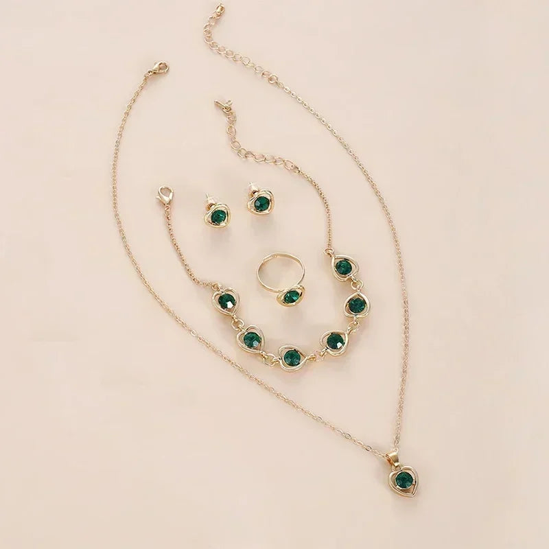 Parure Bijoux Femme Cœur Doré – Collier, Bracelet, Bague & Boucles d’Oreilles avec Cristaux